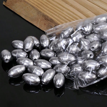 10/30/50pcs Olive Shaped Hollow Lead Sinkers, 2g Iron Alloy Fishing Weight With Groove For Sea Fishing Long Distance Throw Explosive Hook Set, No Including Magnesium Rod/Fire Stone
