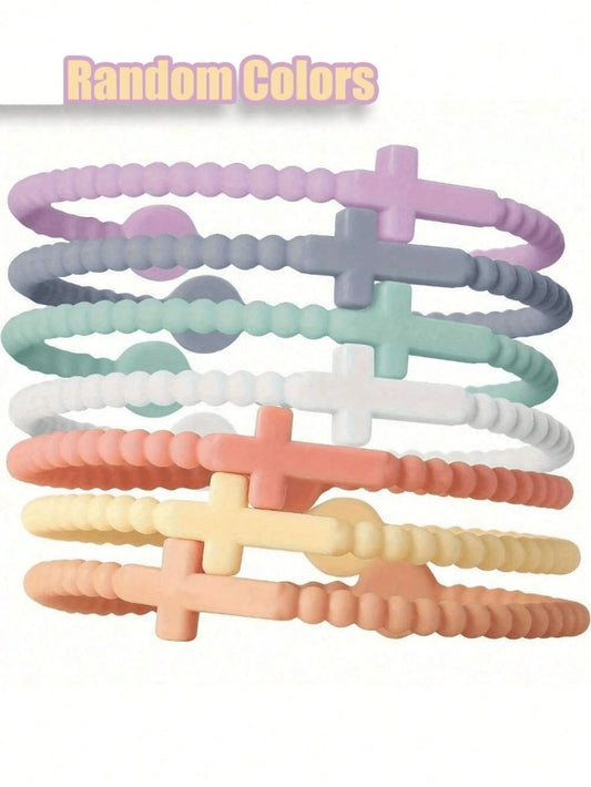 10/5/1pc Random Cross Bracelet, Religious Gift For Men And Women, Random Color Silicone Bracelet, Unisex Macaron Color Cross Bracelet, Multi-Color Beaded Cross Pendant Elastic Bracelet Set, Suitable F