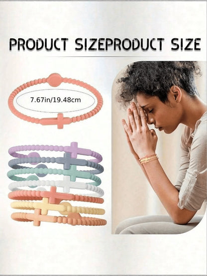 10/5/1pc Random Cross Bracelet, Religious Gift For Men And Women, Random Color Silicone Bracelet, Unisex Macaron Color Cross Bracelet, Multi-Color Beaded Cross Pendant Elastic Bracelet Set, Suitable F