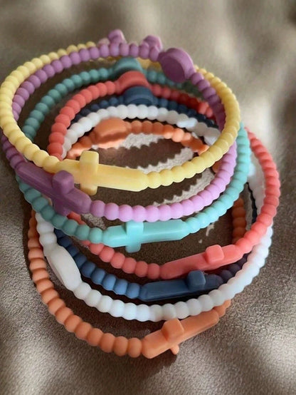 10/5/1pc Random Cross Bracelet, Religious Gift For Men And Women, Random Color Silicone Bracelet, Unisex Macaron Color Cross Bracelet, Multi-Color Beaded Cross Pendant Elastic Bracelet Set, Suitable F