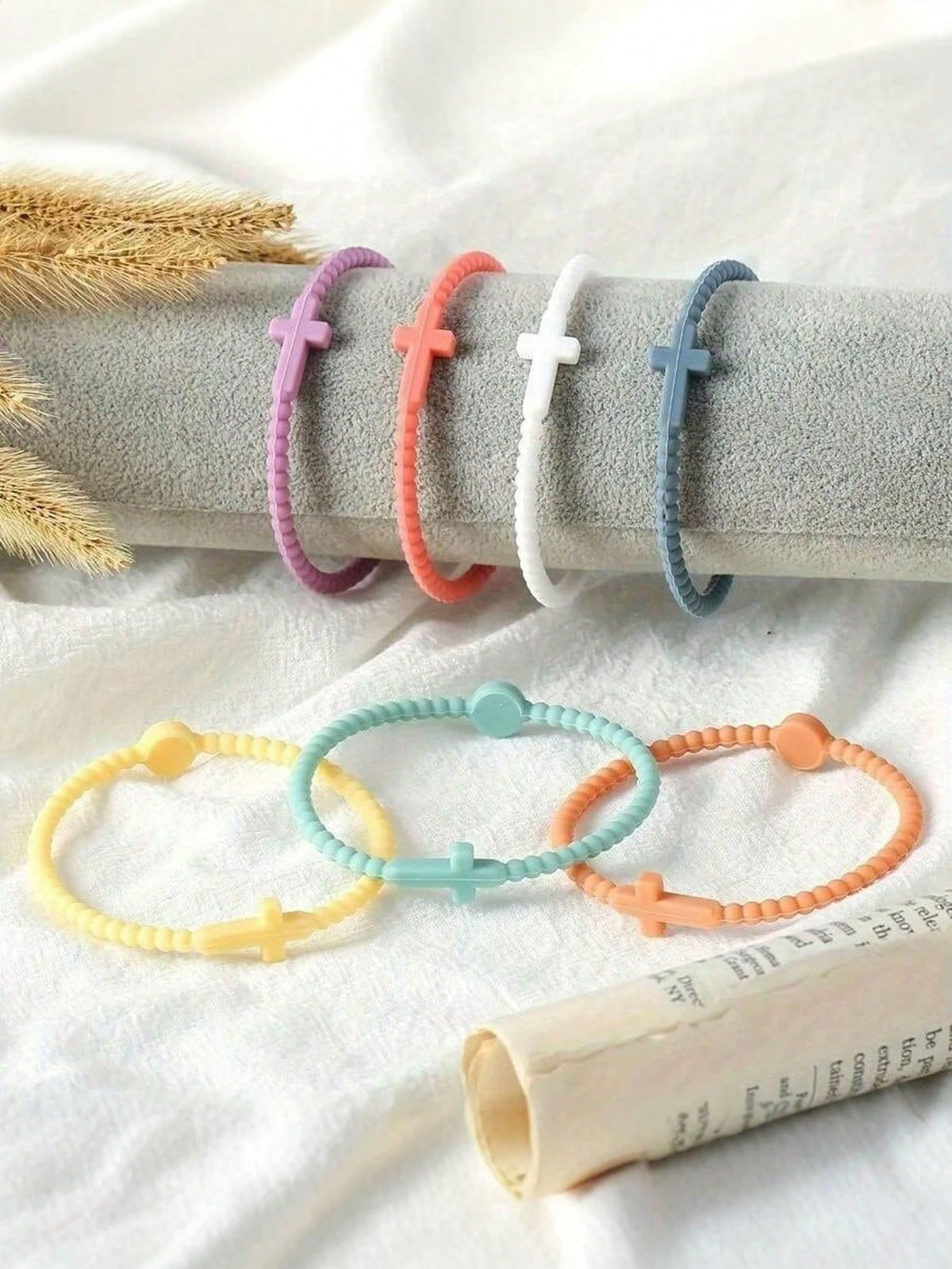 10/5/1pc Random Cross Bracelet, Religious Gift For Men And Women, Random Color Silicone Bracelet, Unisex Macaron Color Cross Bracelet, Multi-Color Beaded Cross Pendant Elastic Bracelet Set, Suitable F