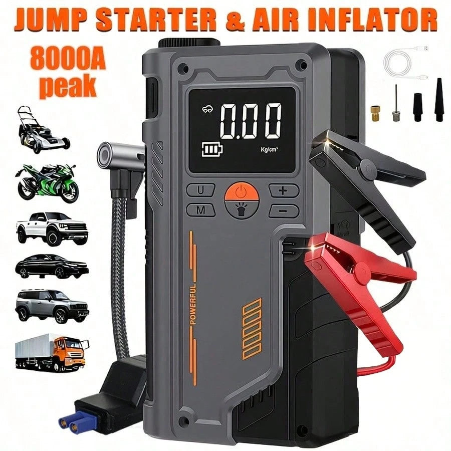 10-In-1 Multifunction Heavy Duty Car Battery Starter, Equipped With 150PSI Compressor, Supports USB Charging Battery, Features Car Engine Jump Starter And Tire Inflator With LED Pressure Display, Car