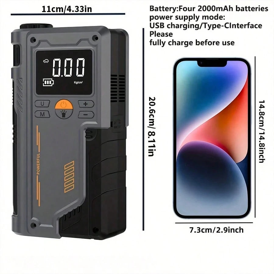 10-In-1 Multifunction Heavy Duty Car Battery Starter, Equipped With 150PSI Compressor, Supports USB Charging Battery, Features Car Engine Jump Starter And Tire Inflator With LED Pressure Display, Car