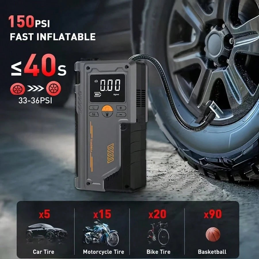 10-In-1 Multifunction Heavy Duty Car Battery Starter, Equipped With 150PSI Compressor, Supports USB Charging Battery, Features Car Engine Jump Starter And Tire Inflator With LED Pressure Display, Car