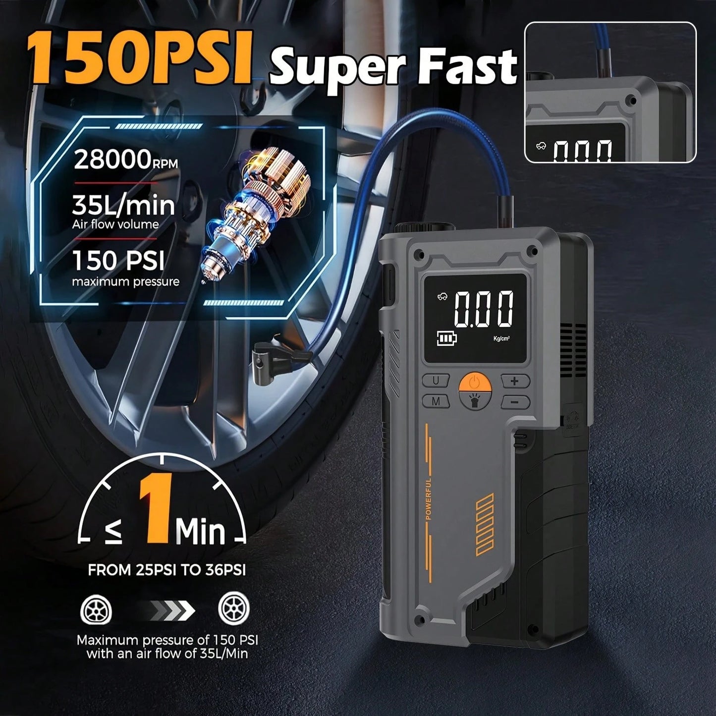 10-In-1 Multifunction Heavy Duty Car Battery Starter, Equipped With 150PSI Compressor, Supports USB Charging Battery, Features Car Engine Jump Starter And Tire Inflator With LED Pressure Display, Car