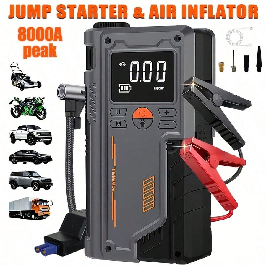 10-In-1 Multifunction Heavy Duty Car Battery Starter, Equipped With 150PSI Compressor, Supports USB Charging Battery, Features Car Engine Jump Starter And Tire Inflator With LED Pressure Display, Car