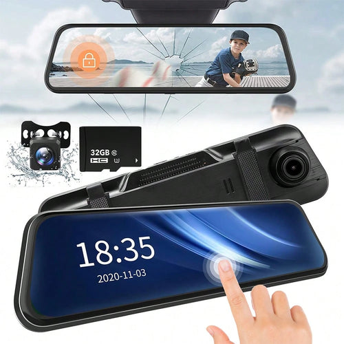 10 Inch IPS Touch Mirror Dash Cam Dual 1080P Front Rear 140° Wide Angle Waterproof Backup Cam G-Sensor Loop Recording Parking Assist With 32GB TF Card For All Vehicles Viral Car Driving Recorder Gift