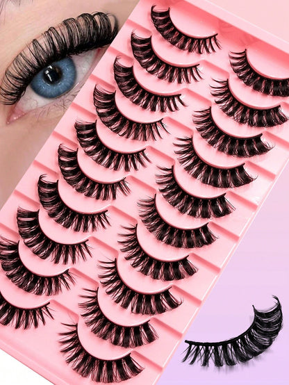 10 Pairs D Curl Russian Style False Eyelashes, Cat Eye Shape, Natural Fluffy Faux Mink Lashes, Thick And Long, Create Fox Eye Lifting Effect