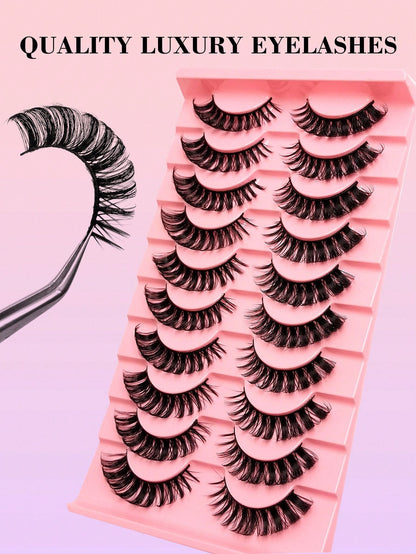 10 Pairs D Curl Russian Style False Eyelashes, Cat Eye Shape, Natural Fluffy Faux Mink Lashes, Thick And Long, Create Fox Eye Lifting Effect
