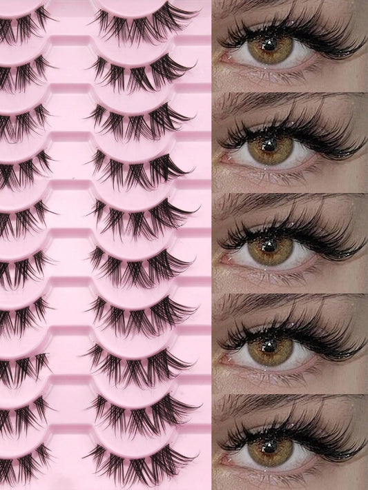 10 Pairs Of D-Curled Fluffy Clustered False Eyelashes, Fox Hair False Eyelashes, D-Curled Fluffy Mink-Like False Eyelashes, Natural And Soft, Long Eyelash Set, Mixed Set, Creating A Natural Makeup Loo