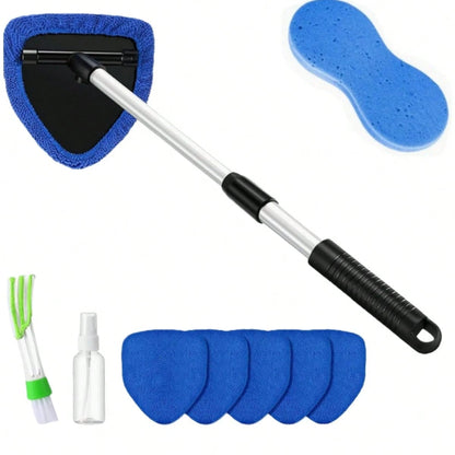 10 Pcs Car Windshield Cleaner Kits With Extendable Handle, 6 Microfiber Towel Pads, 1 Brush, 1 Wiping Sponge,1 Empty Spray Bottle For Auto Glass Wiper Suvs Rvs & Home Windows (Blue)