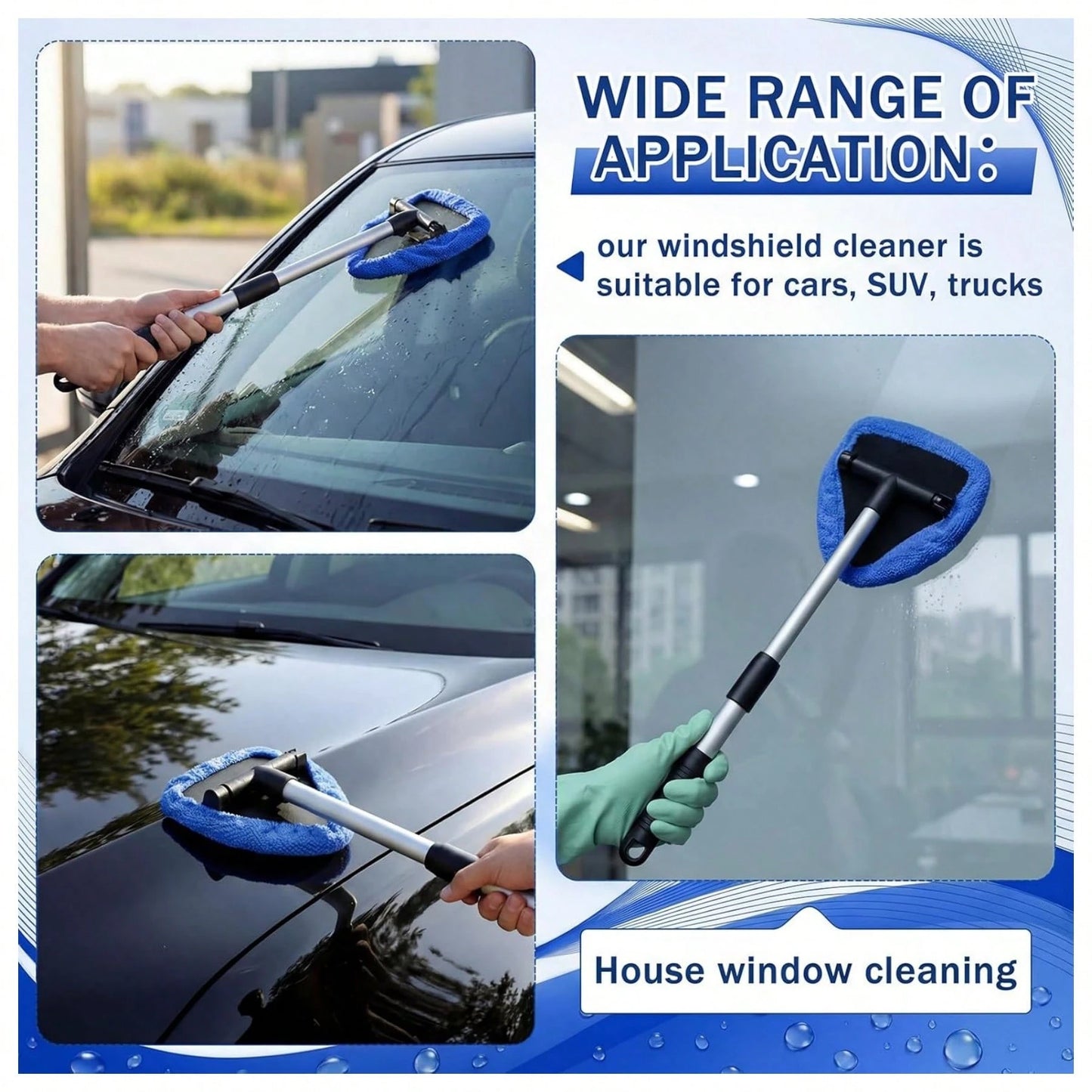 10 Pcs Car Windshield Cleaner Kits With Extendable Handle, 6 Microfiber Towel Pads, 1 Brush, 1 Wiping Sponge,1 Empty Spray Bottle For Auto Glass Wiper Suvs Rvs & Home Windows (Blue)