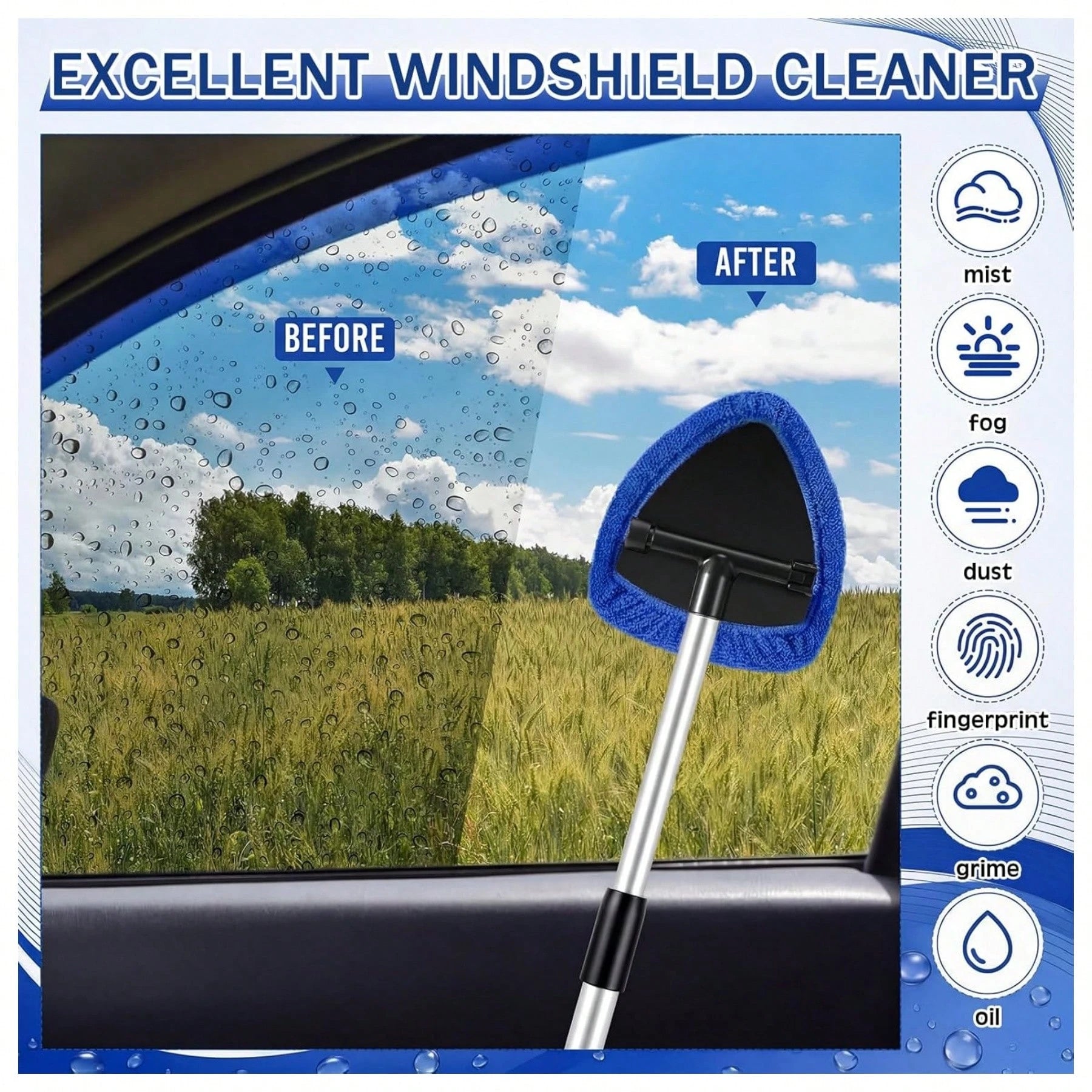 10 Pcs Car Windshield Cleaner Kits With Extendable Handle, 6 Microfiber Towel Pads, 1 Brush, 1 Wiping Sponge,1 Empty Spray Bottle For Auto Glass Wiper Suvs Rvs & Home Windows (Blue)