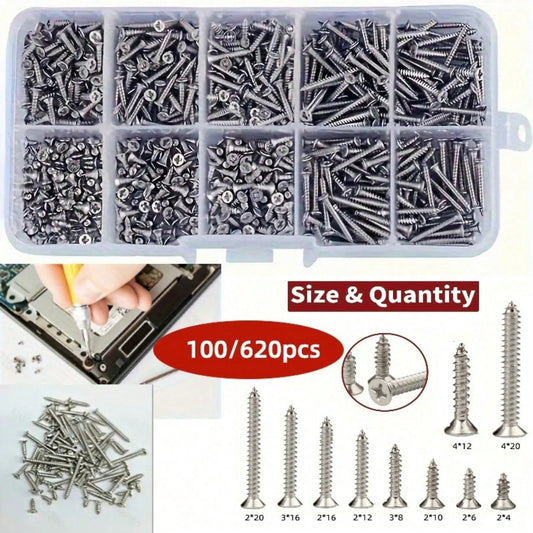 100/620pcs M2M3M4 Self Tapping Screw Assortment Kit Tapping Screw Assortment Kit Lock Nut Wood Thread Nail Screw Sets Self Lock Nut Wood Thread Nail Screws Sets