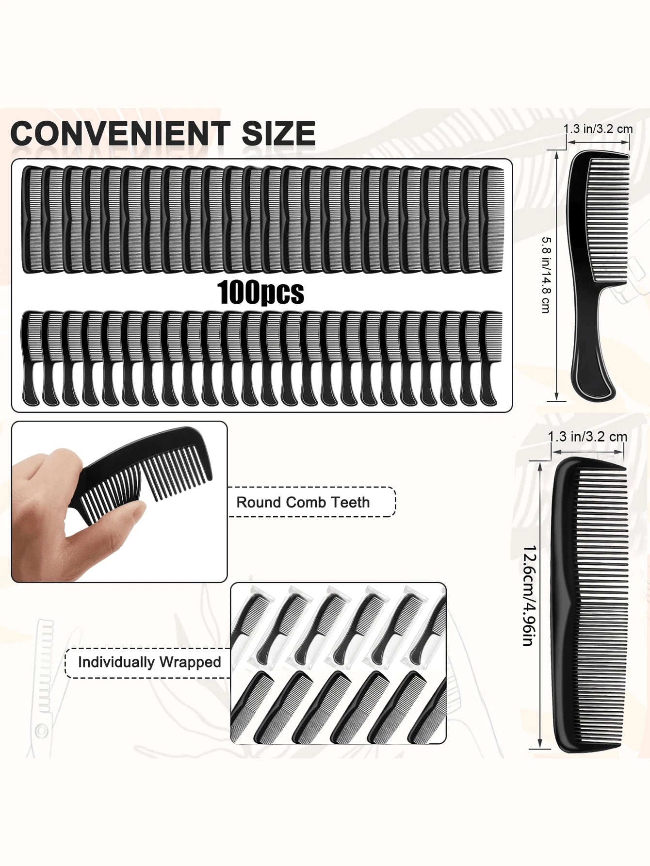 100 Pcs Bulk Hair Combs Set- Individually Wrapped Detangling Combs For Women & Men, Professional Styling Tools For Charity, Travel & Institutional Use (Black)