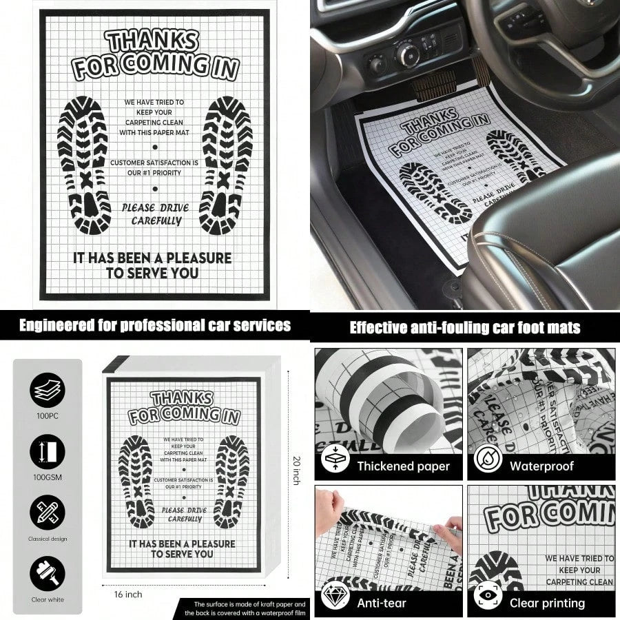 100 Pcs White Paper Floor Mats For Cars 16x20 Disposable Auto Floor Pads Made Of Kraft Paper Waterproof Thank You Car Mats For Car Detailing Dealership Automotive Supplies Gift