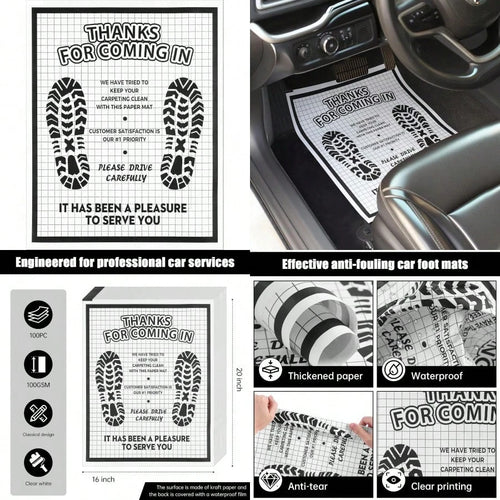 100 Pcs White Paper Floor Mats For Cars 16x20 Disposable Auto Floor Pads Made Of Kraft Paper Waterproof Thank You Car Mats For Car Detailing Dealership Automotive Supplies Gift