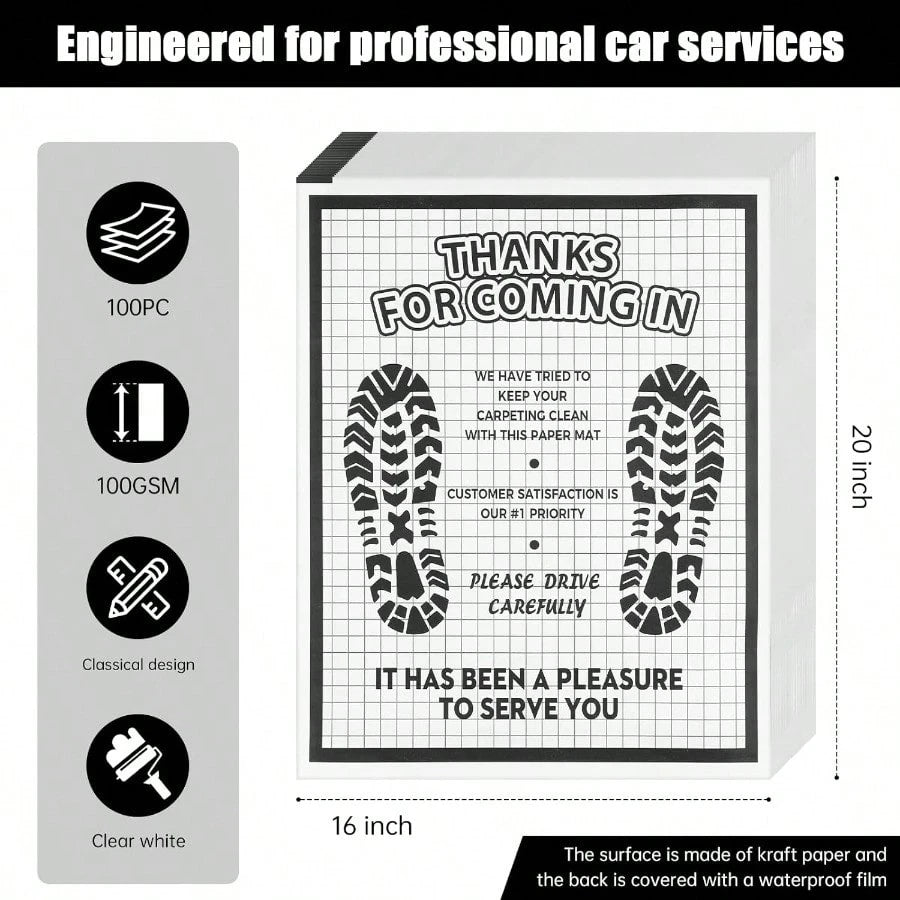 100 Pcs White Paper Floor Mats For Cars 16x20 Disposable Auto Floor Pads Made Of Kraft Paper Waterproof Thank You Car Mats For Car Detailing Dealership Automotive Supplies Gift