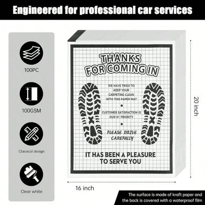 100 Pcs White Paper Floor Mats For Cars 16x20 Disposable Auto Floor Pads Made Of Kraft Paper Waterproof Thank You Car Mats For Car Detailing Dealership Automotive Supplies Gift