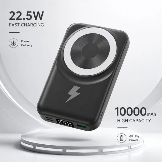 10000mAh Foldable Magnetic Portable Charger Power Bank, Attached Lightning & USB C Cables 22.5W Fast Charging 15W Wireless Charging Battery Readout, Travel Essentials Back To School Supplies College E