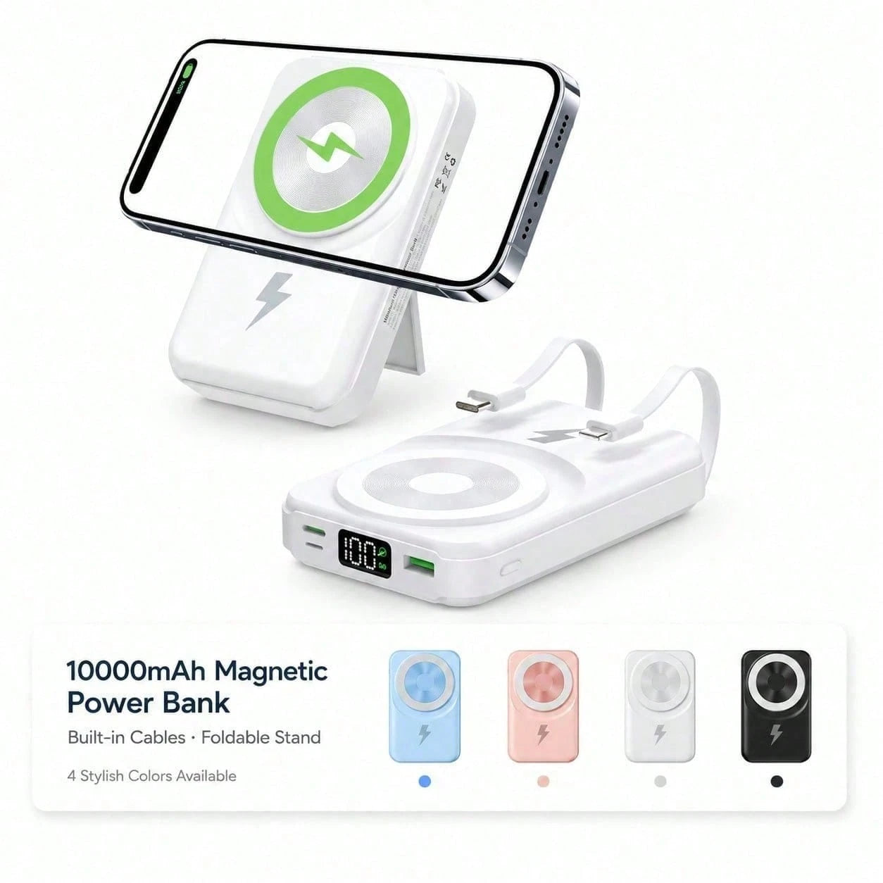 10000mAh Foldable Magnetic Portable Charger Power Bank, Attached Lightning & USB C Cables 22.5W Fast Charging 15W Wireless Charging Battery Readout, Travel Essentials Back To School Supplies College E