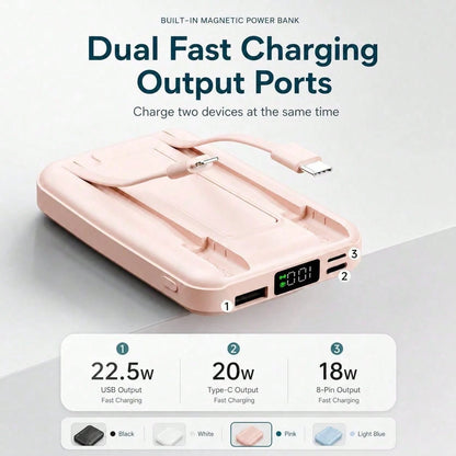 10000mAh Foldable Magnetic Portable Charger Power Bank, Attached Lightning & USB C Cables 22.5W Fast Charging 15W Wireless Charging Battery Readout, Travel Essentials Back To School Supplies College E