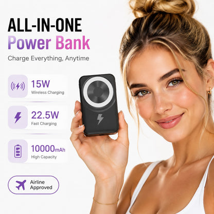 10000mAh Magnetic Wireless Power Bank Portable Charger With Foldable Stand, Built-In Cables 15W Fast Magnetic Charging 22.5W Wired Charging, Travel Essentials Camping Gear College Essentials Back To S