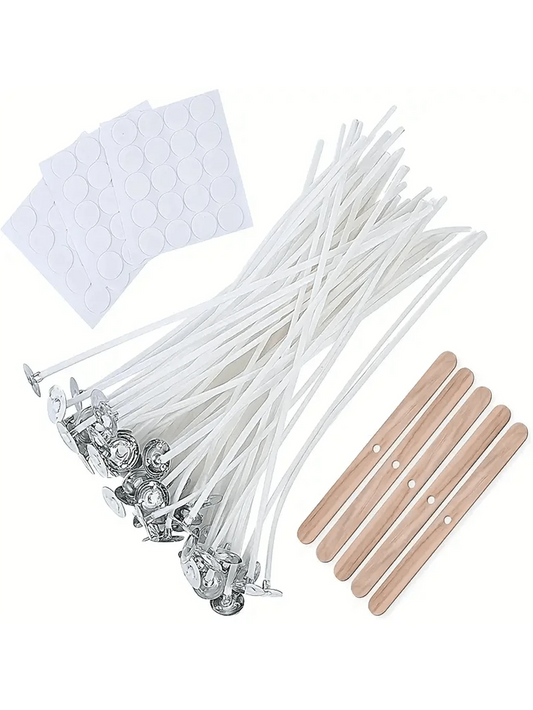 100pcs 15cm/6in Pre-Waxed Low Smoke Candle Wicks, Includes 5 Wick Holders And 60 Adhesive Dots, Suitable For Soy Wax And Beeswax, Adult Candle Making Kit