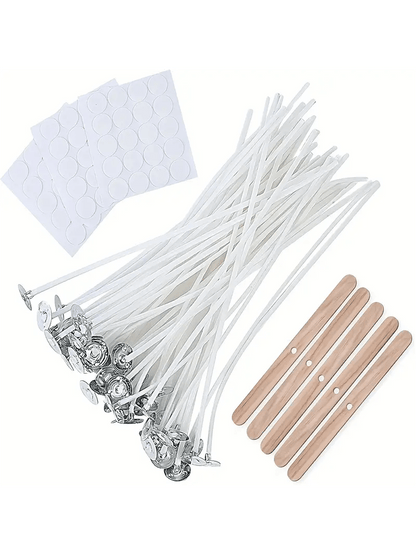 100pcs 15cm/6in Pre-Waxed Low Smoke Candle Wicks, Includes 5 Wick Holders And 60 Adhesive Dots, Suitable For Soy Wax And Beeswax, Adult Candle Making Kit