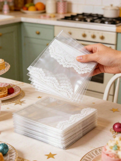 100pcs Lace Trim Self-Adhesive Bags, Transparent Self-Sealing Candy Bags, Lace Trim Design Birthday Self-Sealing Bags Candy Bags Baking Bags, Baby Shower Party Decoration, Wedding Candy Decoration Gif