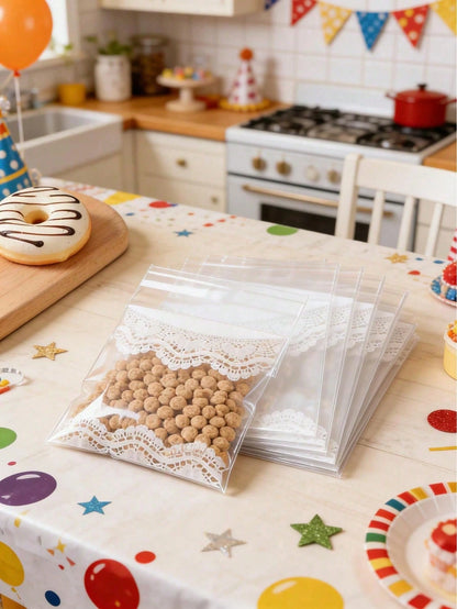 100pcs Lace Trim Self-Adhesive Bags, Transparent Self-Sealing Candy Bags, Lace Trim Design Birthday Self-Sealing Bags Candy Bags Baking Bags, Baby Shower Party Decoration, Wedding Candy Decoration Gif