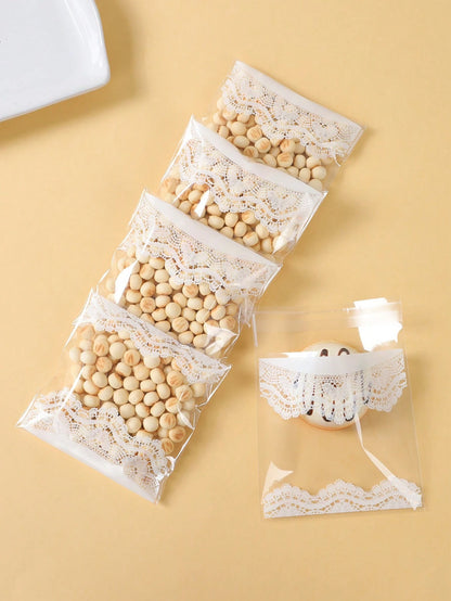 100pcs Lace Trim Self-Adhesive Bags, Transparent Self-Sealing Candy Bags, Lace Trim Design Birthday Self-Sealing Bags Candy Bags Baking Bags, Baby Shower Party Decoration, Wedding Candy Decoration Gif