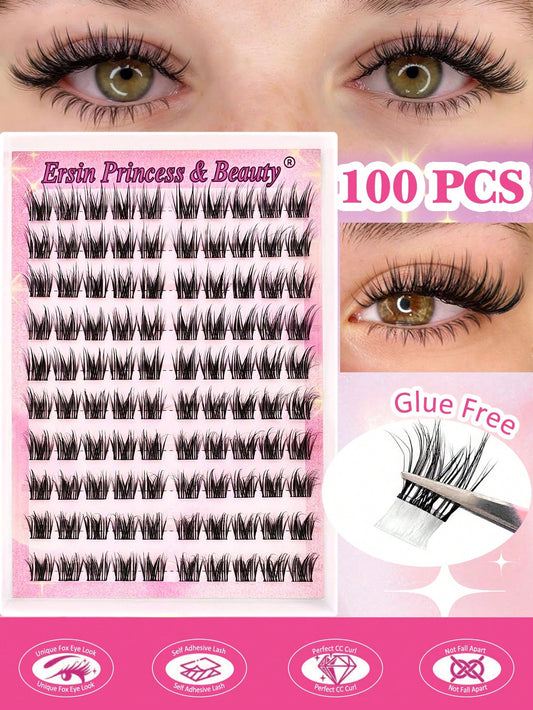 100pcs Self-Adhesive False Eyelash Clusters, 11-13mm Mixed Length Fluffy Individual Lashes, Self-Adhesive DIY Eyelash Extension, Lash Clusters, Natural Curly C-Curl Lash Clusters, False Eyelashes, Eve