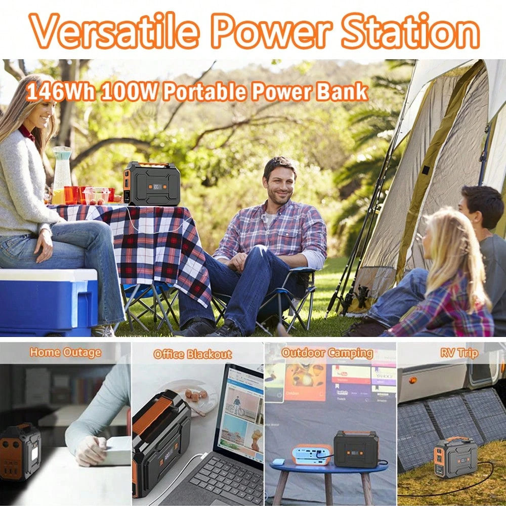 100W 146Wh Portable Power Station Solar Generator Battery Pack Fast Charging With Multiple Outlets LED Flashlight For Outdoor Camping, Road Trip, Hiking, Fishing, RV Trip, Emergency Power, Festival Gi