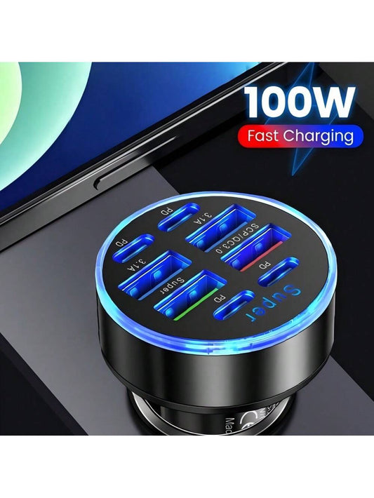 100W Multi-Port Fast Charging Car Charger, 8-Port, Compatible With IPhone And USB-C PD, High-Speed Car Charging Hub With USB Connectors, Male To Female, No Battery Included