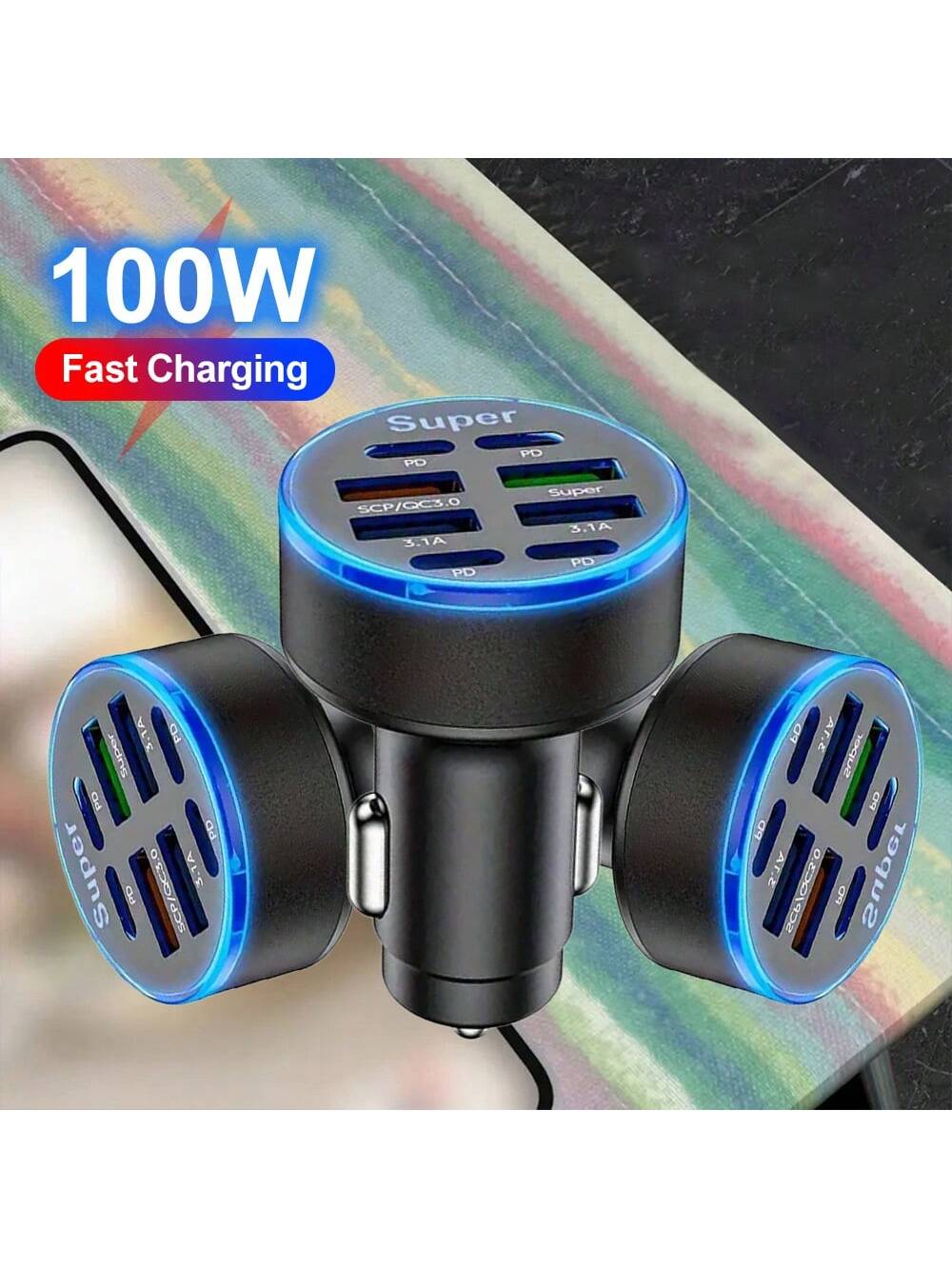 100W Multi-Port Fast Charging Car Charger, 8-Port, Compatible With IPhone And USB-C PD, High-Speed Car Charging Hub With USB Connectors, Male To Female, No Battery Included