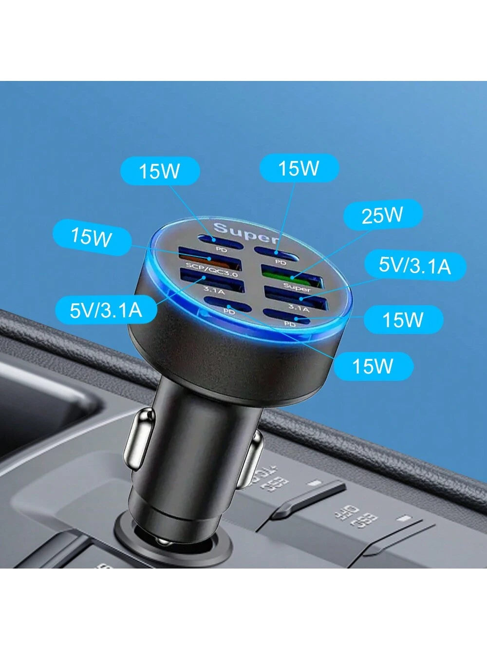 100W Multi-Port Fast Charging Car Charger, 8-Port, Compatible With IPhone And USB-C PD, High-Speed Car Charging Hub With USB Connectors, Male To Female, No Battery Included