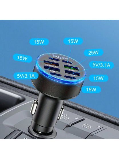 100W Multi-Port Fast Charging Car Charger, 8-Port, Compatible With IPhone And USB-C PD, High-Speed Car Charging Hub With USB Connectors, Male To Female, No Battery Included