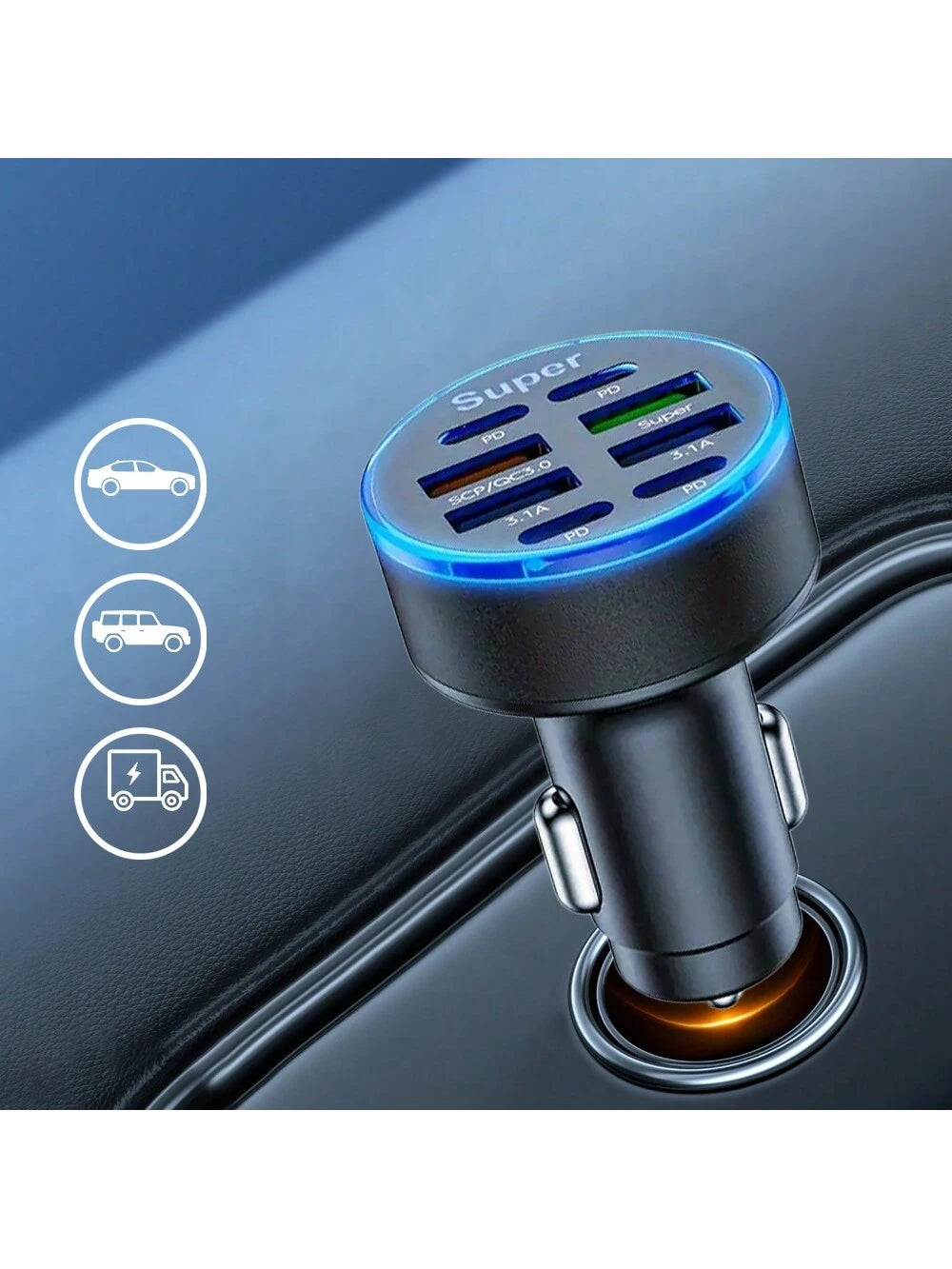 100W Multi-Port Fast Charging Car Charger, 8-Port, Compatible With IPhone And USB-C PD, High-Speed Car Charging Hub With USB Connectors, Male To Female, No Battery Included