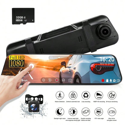 1080P Dual Dash Cam For Cars, 9.66'' Full Touch Screen Rear View Mirror Camera, Front And Rear Car Camera Recorder With Night Vision, Parking Assistance, Loop Recording, 32GB TF Card Included
