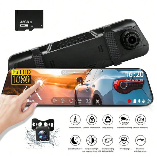 1080P Dual Dash Cam For Cars, 9.66'' Full Touch Screen Rear View Mirror Camera, Front And Rear Car Camera Recorder With Night Vision, Parking Assistance, Loop Recording, 32GB TF Card Included