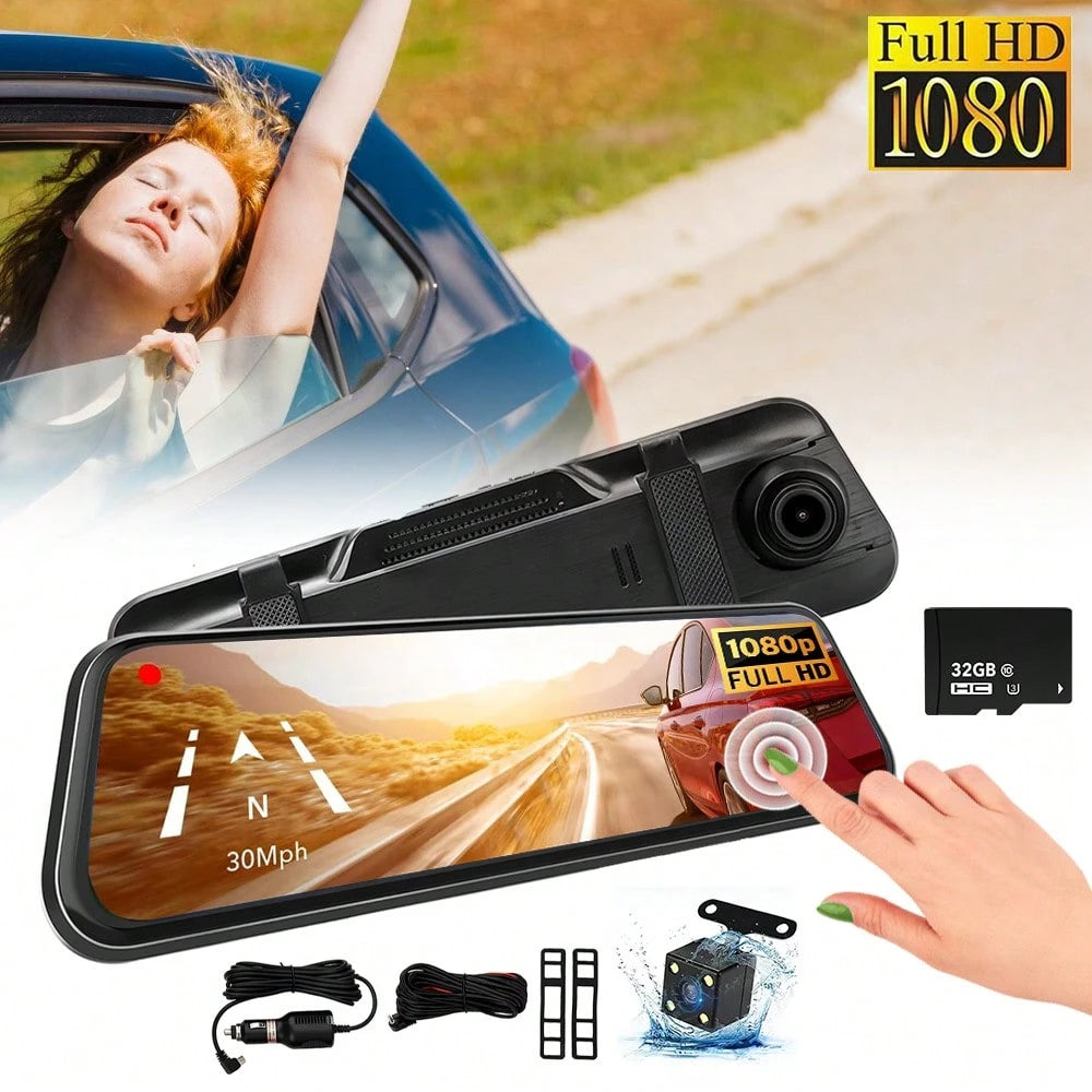1080P Dual Dash Cam For Cars, 9.66'' Full Touch Screen Rear View Mirror Camera, Front And Rear Car Camera Recorder With Night Vision, Parking Assistance, Loop Recording, 32GB TF Card Included