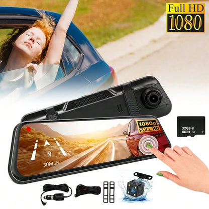 1080P Dual Dash Cam For Cars, 9.66'' Full Touch Screen Rear View Mirror Camera, Front And Rear Car Camera Recorder With Night Vision, Parking Assistance, Loop Recording, 32GB TF Card Included
