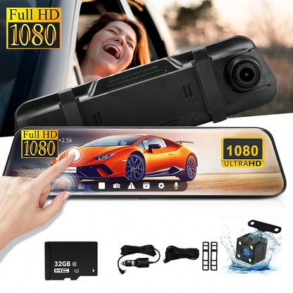1080P Dual Dash Cam For Cars, 9.66'' Full Touch Screen Rear View Mirror Camera, Front And Rear Car Camera Recorder With Night Vision, Parking Assistance, Loop Recording, 32GB TF Card Included