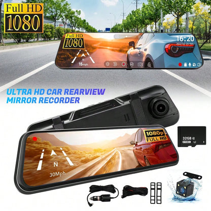 1080P Dual Dash Cam For Cars, 9.66'' Full Touch Screen Rear View Mirror Camera, Front And Rear Car Camera Recorder With Night Vision, Parking Assistance, Loop Recording, 32GB TF Card Included