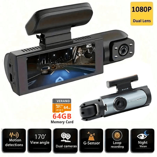 1080P Dual Lens Dash Cam Front And Rear, Night Vision, 64GB Loop Recording, Wide Angle, 3.16" IPS Screen, 24HR Parking Monitor, WDR, G-Sensor, Motion Detection
