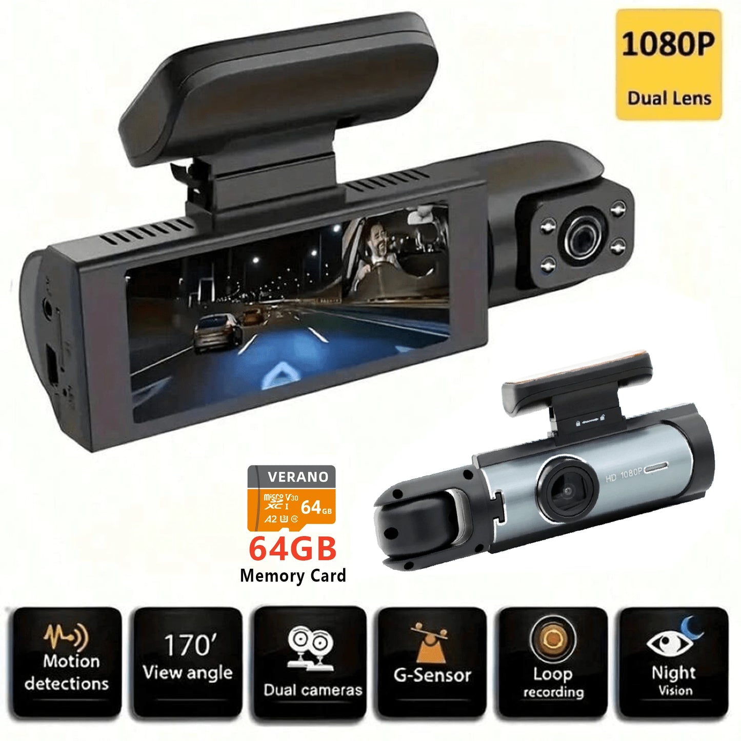 1080P Dual Lens Dash Cam Front And Rear, Night Vision, 64GB Loop Recording, Wide Angle, 3.16" IPS Screen, 24HR Parking Monitor, WDR, G-Sensor, Motion Detection