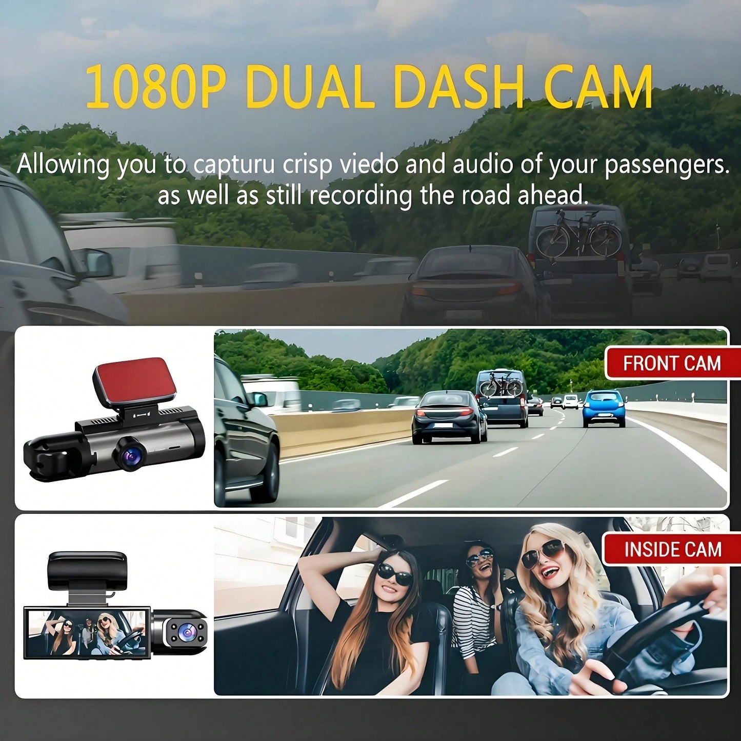 1080P Dual Lens Dash Cam Front And Rear, Night Vision, 64GB Loop Recording, Wide Angle, 3.16" IPS Screen, 24HR Parking Monitor, WDR, G-Sensor, Motion Detection