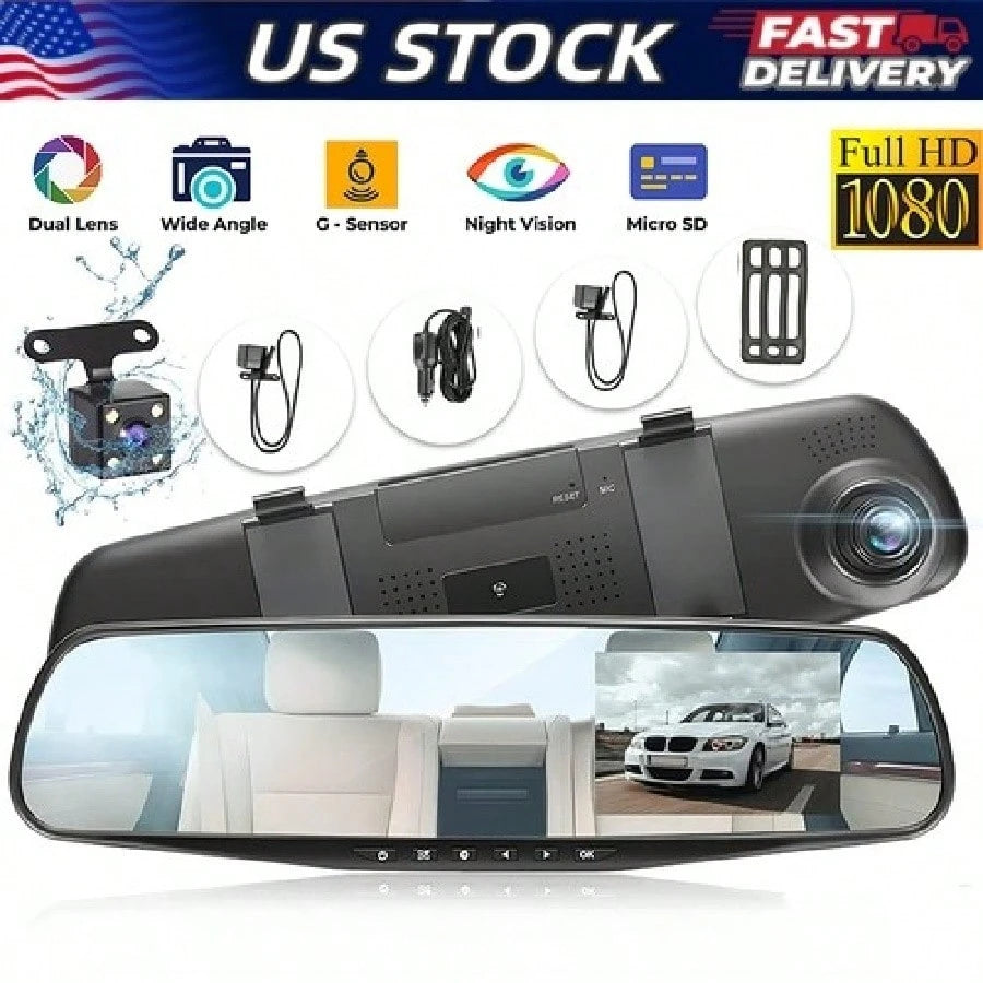 1080P HD Rearview Mirror Car DVR Dual Dash Cam Camera Front Rear Video Recorder