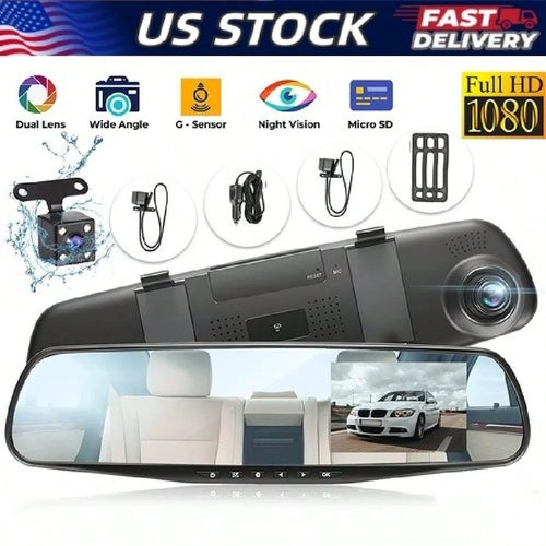 1080P HD Rearview Mirror Car DVR Dual Dash Cam Camera Front Rear Video Recorder